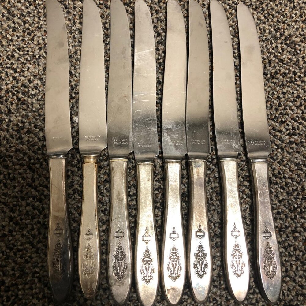Set of 8 Bird of Paradise by Community, Silverplate Dinner Knives Art Deco - Picture 2 of 3